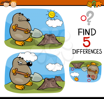 Cartoon Illustration of Finding Differences Educational Task for Preschool Children with Mole Animal Character