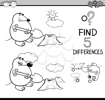 Black and White Cartoon Illustration of Finding Differences Educational Task for Preschool Children with Mole Animal Character for Coloring Book