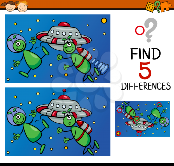 Cartoon Illustration of Finding Differences Educational Task for Preschool Children with Alien Characters