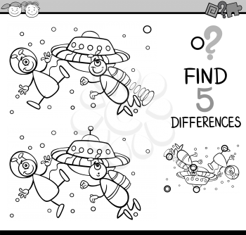 Black and White Cartoon Illustration of Finding Differences Educational Task for Preschool Children with Alien Characters for Coloring Book