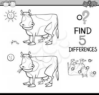 Black and White Cartoon Illustration of Finding Differences Educational Task for Preschool Children with Cow Farm Animal Character Coloring Book