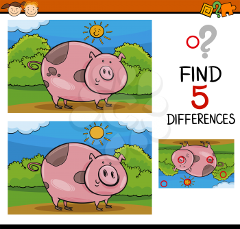 Cartoon Illustration of Finding Differences Educational Task for Preschool Children with Pig Farm Animal Character