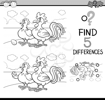 Black and White Cartoon Illustration of Finding Differences Educational Task for Preschool Children with Rooster and Hen Farm Animal Characters for Coloring Book