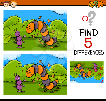 Cartoon Illustration of Finding Differences Educational Task for Preschool Children with Ant and Caterpillar Insect Characters