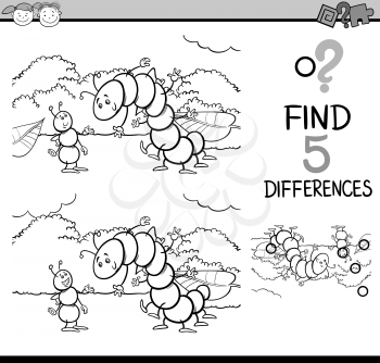 Black and White Cartoon Illustration of Finding Differences Educational Task for Preschool Children with Ant and Caterpillar Insect Characters for Coloring Book