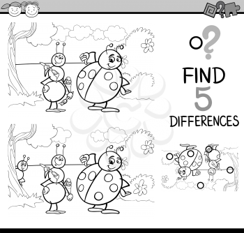 Black and White Cartoon Illustration of Finding Differences Educational Task for Preschool Children with Ant and Ladybug Insect Characters for Coloring Book