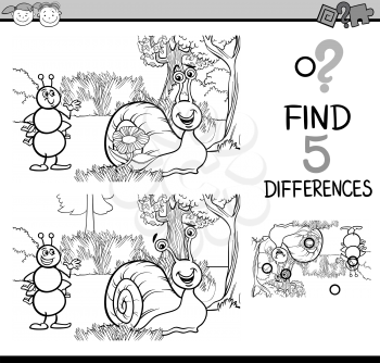 Black and White Cartoon Illustration of Finding Differences Educational Task for Preschool Children with Ant and Snail Characters for Coloring Book