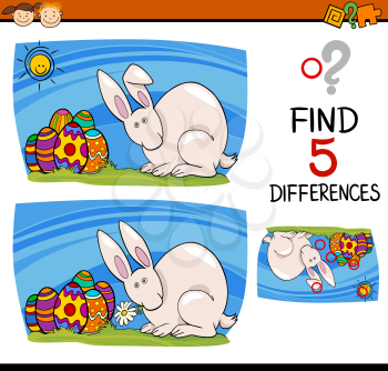 Cartoon Illustration of Finding Differences Educational Task for Preschool Children with Easter Bunny