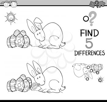 Black and White Cartoon Illustration of Finding Differences Educational Task for Preschool Children with Easter Bunny for Coloring Book