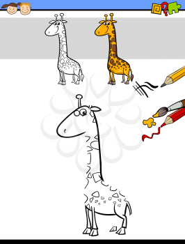 Cartoon Illustration of Drawing and Coloring Educational Task for Preschool Children with Giraffe Animal Character