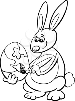 Black and White Cartoon Illustration of Easter Bunny Painting Paschal Egg for Coloring Book