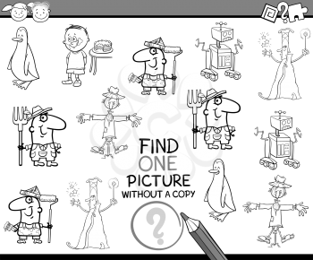 Black and White Cartoon Illustration of Educational Task of Finding Single Picture for Preschool Children Coloring Page