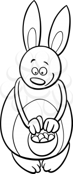 Black and White Cartoon Illustration of Cute Easter Bunny Character with Basket of Eggs for Coloring Book