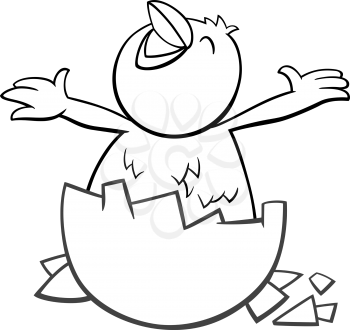 Black and White Cartoon Illustration of Little Chick which was Hatched from an Egg for Coloring Book