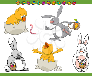 Cartoon Illustration of Bunnies and Chicks Easter Characters
