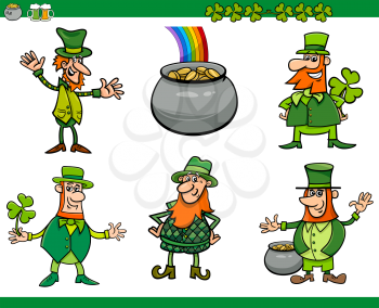 Cartoon Illustration of Leprechaun Characters and Saint Patrick Day Themes Set