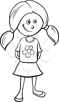 Black and White Cartoon Illustration of Funny Preschool or School Age Girl for Coloring Book