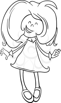 Black and White Cartoon Illustration of Happy Preschool or School Age Girl for Coloring Book