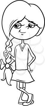 Black and White Cartoon Illustration of Beautiful Preschool or School Age Girl for Coloring Book