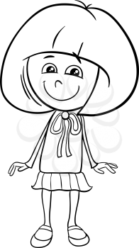 Black and White Cartoon Illustration of Preschool or Elementary School Age Girl for Coloring Book