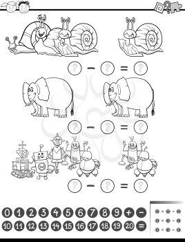 Black and White Cartoon Illustration of Education Mathematical Subtraction Task for Preschool Children Coloring Book