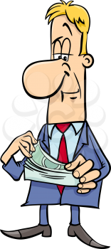 Cartoon Illustration of Funny Businessman Character Counting Money