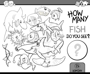 Black and White Cartoon Illustration of Educational Counting Task for Preschool Children with Fish Animal Characters Coloring Book