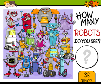 Cartoon Illustration of Educational Counting or Calculating Task for Preschool Children with Robot Characters