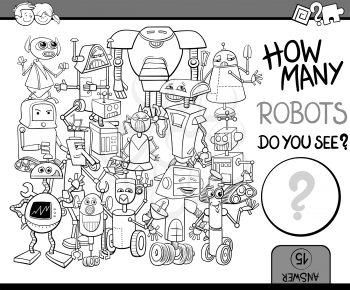 Black and White Cartoon Illustration of Educational Counting or Calculating Task for Preschool Children with Robot Characters Coloring Book