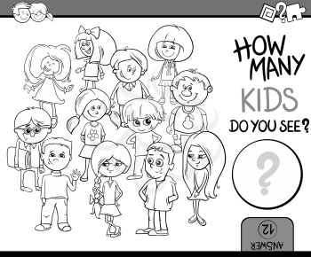 Black and White Cartoon Illustration of Educational Counting or Calculating Task for Preschool Children with Kid Characters Coloring Book