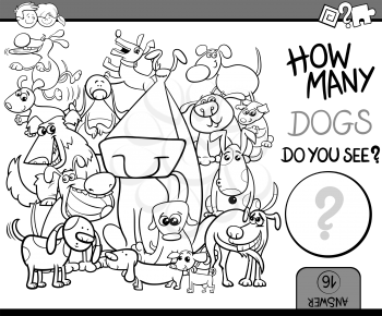 Black and White Cartoon Illustration of Kindergarten Educational Counting Task for Preschool Children with Dog Characters Coloring Book