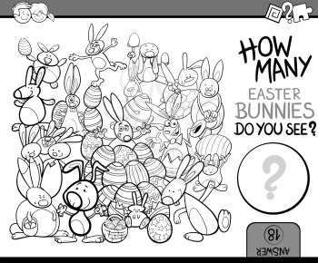 Black and White Cartoon Illustration of Educational Counting Task for Preschool Children with Easter Bunny Characters Coloring Book