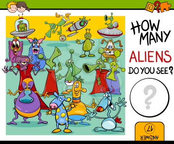 Cartoon Illustration of Educational Counting Task for Preschool Children with Aliens Fantasy Characters