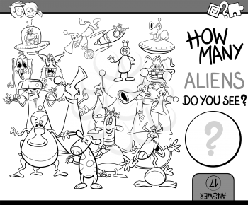 Black and White Cartoon Illustration of Educational Counting Task for Preschool Children with Aliens Fantasy Characters Coloring Book
