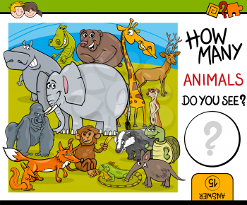 Cartoon Illustration of Educational Counting Task for Preschool Children with Wildlife Animal Characters