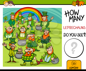 Cartoon Illustration of Educational Counting Task for Preschool Children with Leprechaun Fantasy Characters