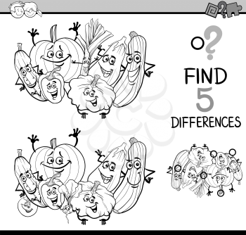 Black and White Cartoon Illustration of Finding Differences Educational Task for Preschool Children with Vegetable Characters for Coloring Book