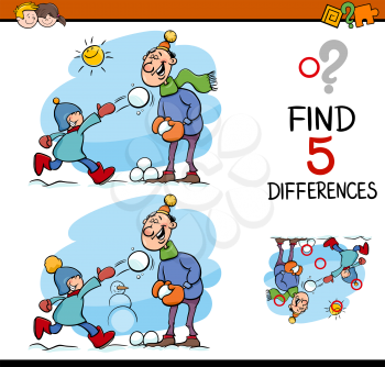 Cartoon Illustration of Finding Differences Educational Task for Preschool Children with Family on Winter Time