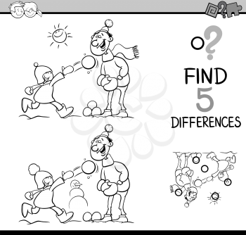 Black and White Cartoon Illustration of Finding Differences Educational Task for Preschool Children with Father and Son on Winter Time for Coloring Book