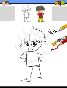 Cartoon Illustration of Drawing and Coloring Educational Activity for Preschool Children with Cute Boy Character