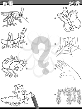 Black and White Cartoon Illustration of Education Element Matching Task for Preschool Children with Insects Coloring Book