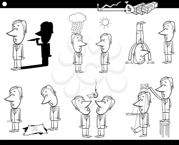 Black and White Concept Cartoon Illustration Set of Business Metaphors with Businessman Characters