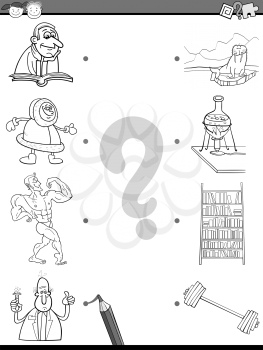 Cartoon Illustration of Educational Matching Task for Preschool Children with People and Objects Coloring Book