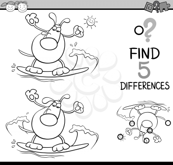 Black and White Cartoon Illustration of Finding Differences Educational Task for Preschool Children with Surfing Dog for Coloring Book