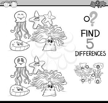 Black and White Cartoon Illustration of Finding Differences Educational Task for Preschool Children with Sea Life Animal Characters for Coloring Book
