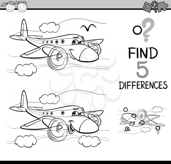 Black and White Cartoon Illustration of Finding Differences Educational Task for Preschool Children with Plane Transport Character for Coloring Book