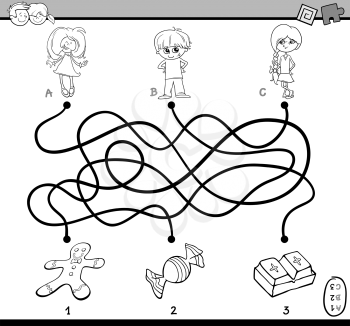 Black and White Cartoon Illustration of Educational Paths or Maze Puzzle Game for Preschoolers with Children and Sweets Coloring Book