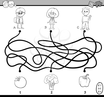 Black and White Cartoon Illustration of Educational Paths or Maze Puzzle Task for Preschoolers with Children and Vegetables Coloring Book