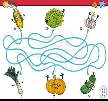 Cartoon Illustration of Educational Paths or Maze Puzzle Task for Preschool Children with Vegetables