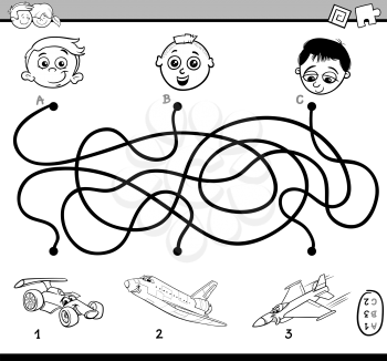 Black and White Cartoon Illustration of Educational Paths or Maze Puzzle Activity for Preschool Children with Transport Characters Coloring Book